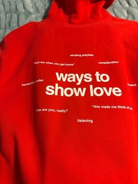 Comfrt Crimson Red "ways to show love" Graphic Hoodie and straight leg bundle